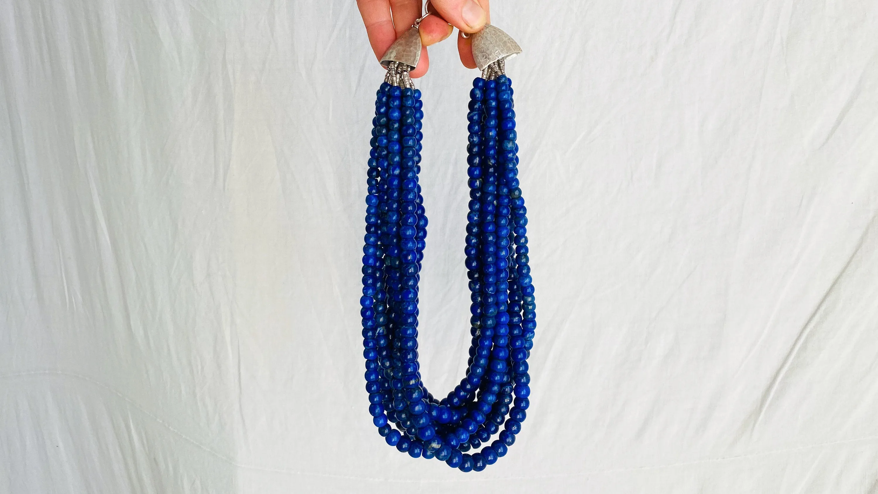 Lapis Lazuli and Sterling Silver Necklace. Multi Strand