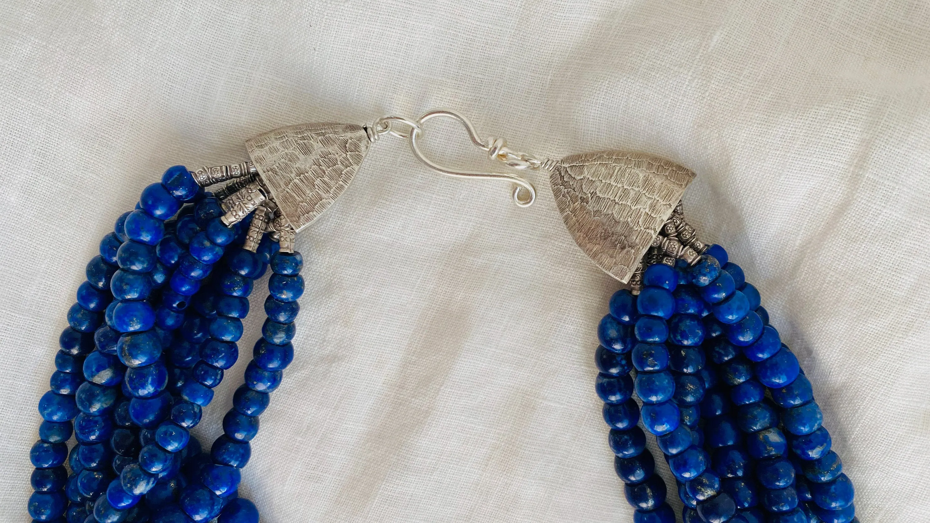 Lapis Lazuli and Sterling Silver Necklace. Multi Strand