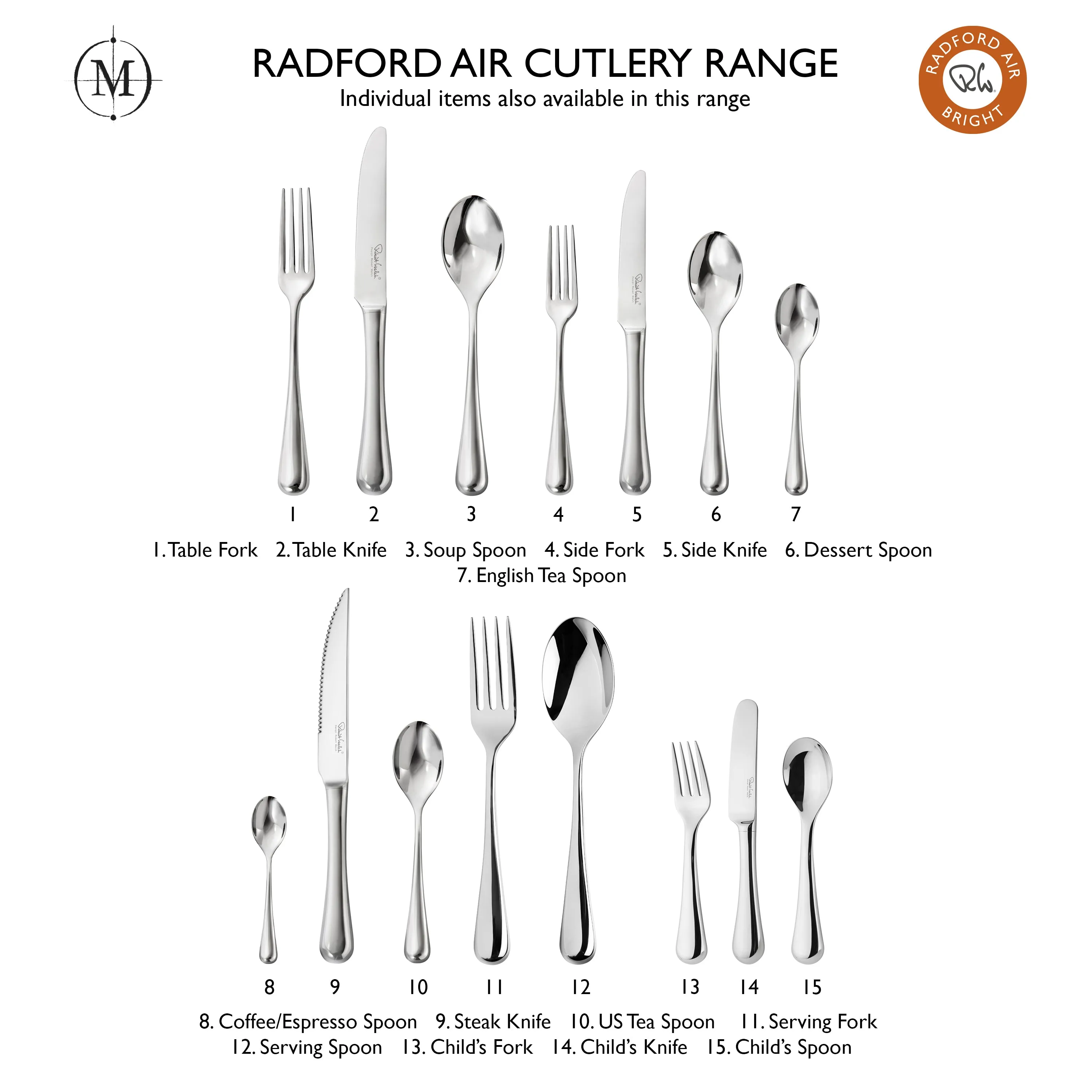 Radford Air Bright Cutlery Set, 42 Piece for 6 People