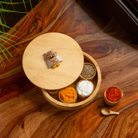 'Rainbow Owl Motif' Spice Box With Spoon In Mango Wood (7 Detachable Containers, 70 ML)