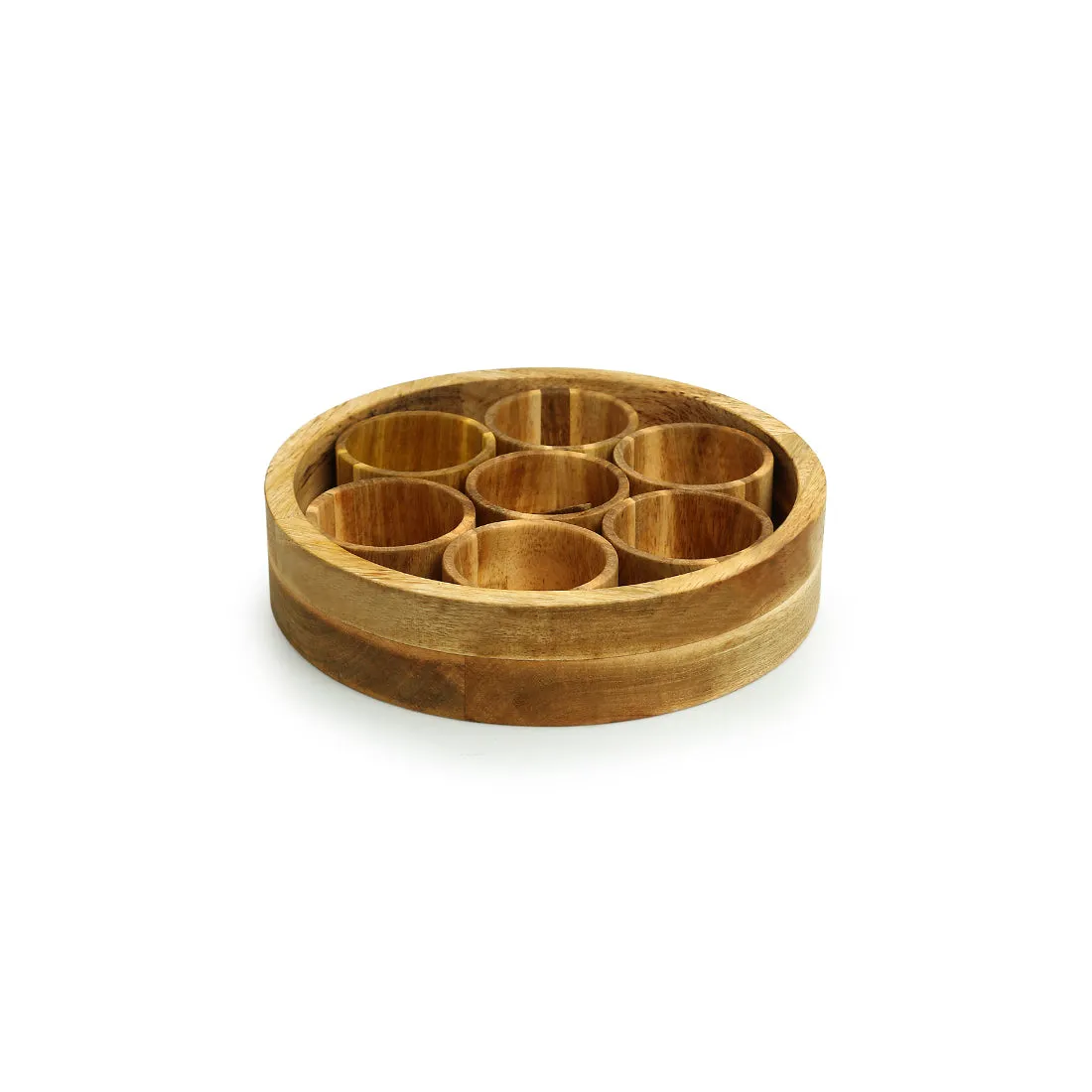 'Rainbow Owl Motif' Spice Box With Spoon In Mango Wood (7 Detachable Containers, 70 ML)