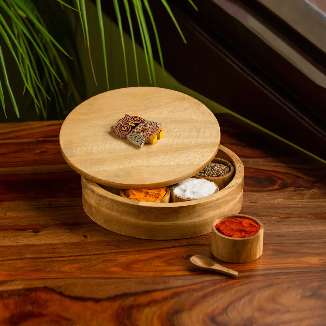 'Rainbow Owl Motif' Spice Box With Spoon In Mango Wood (7 Detachable Containers, 70 ML)