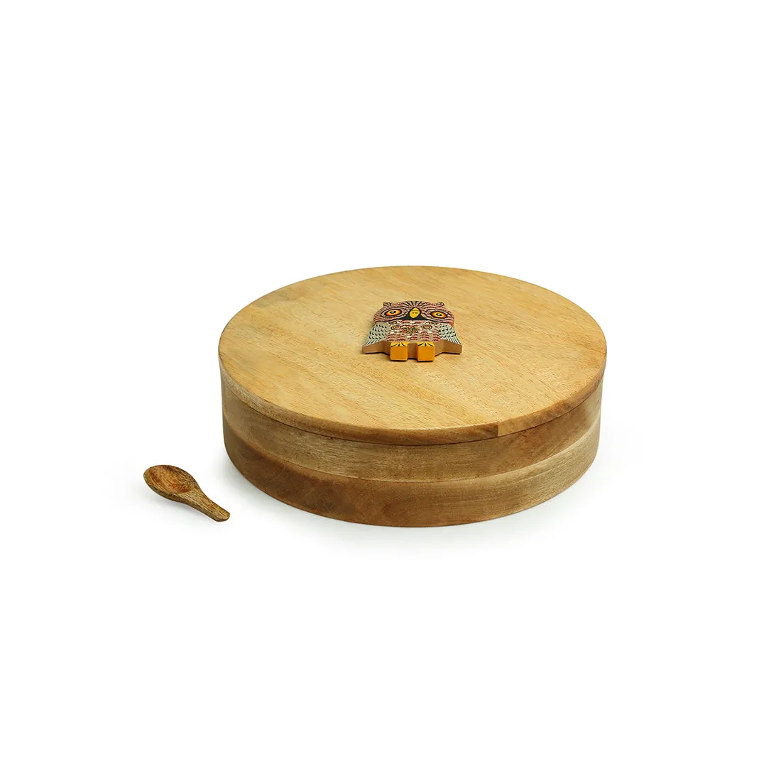 'Rainbow Owl Motif' Spice Box With Spoon In Mango Wood (7 Detachable Containers, 70 ML)