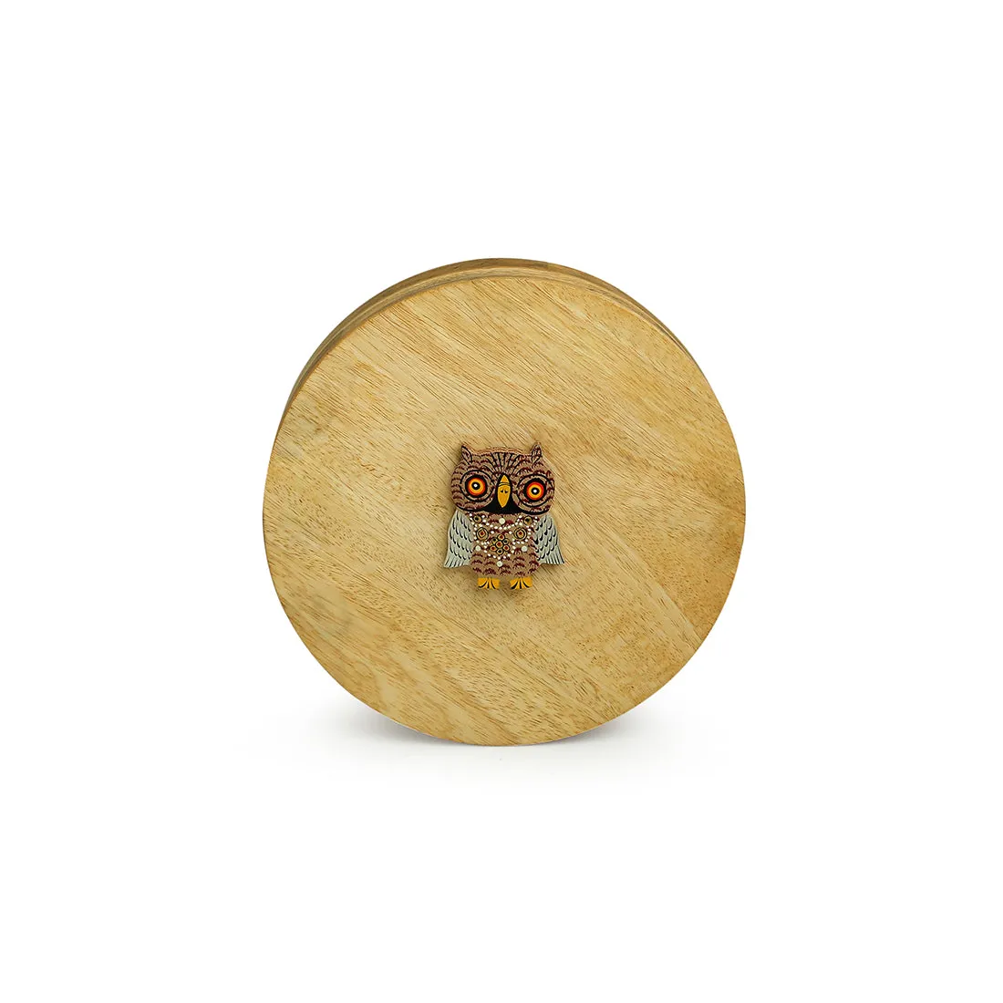 'Rainbow Owl Motif' Spice Box With Spoon In Mango Wood (7 Detachable Containers, 70 ML)